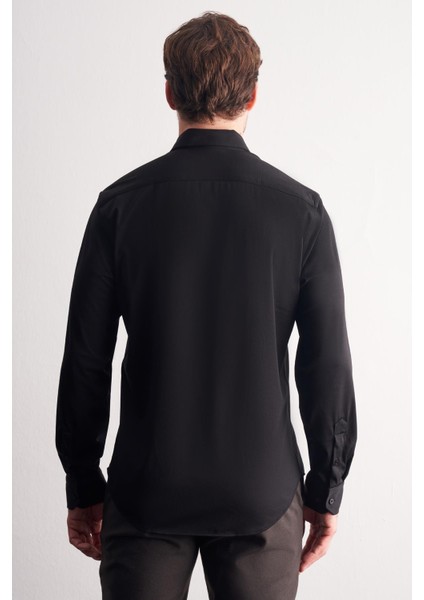 Siyah Düğmeli Yaka Örme Uzun Kol Performans Ürün Slim Fit Esnek Gömlek 1004255270 fırsatları