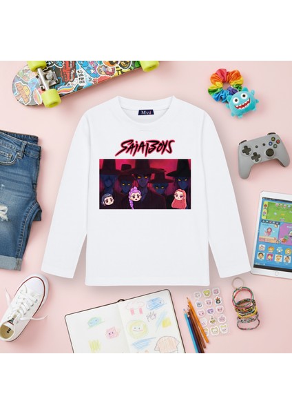 Kpop Demon Hunters Saja Boys Uzun Kollu Baskılı Kız Çocuk Tişört (4-13 Yaş)
