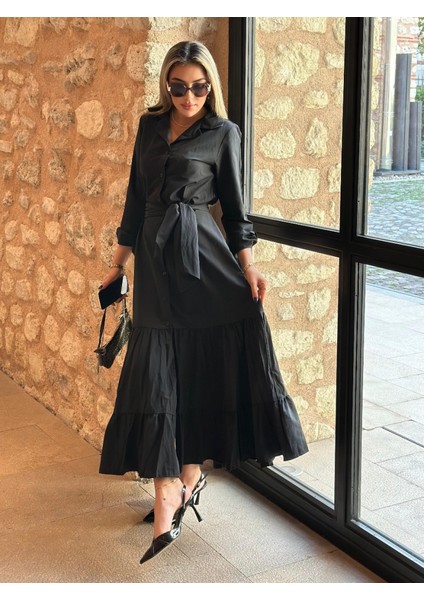 Eyesof Kadın Uzun Kollu Eteği Fırfırlı Beli Kuşaklı Trikoton Tam Boy Gömlek Elbise