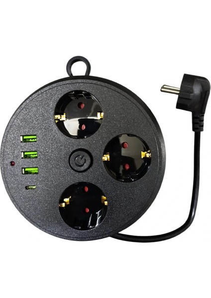 3 Lü Akım Korumalı Priz Makaralı Anahtarlı 16A 4000 Watt 3 x USB - 1 Type-C 3395