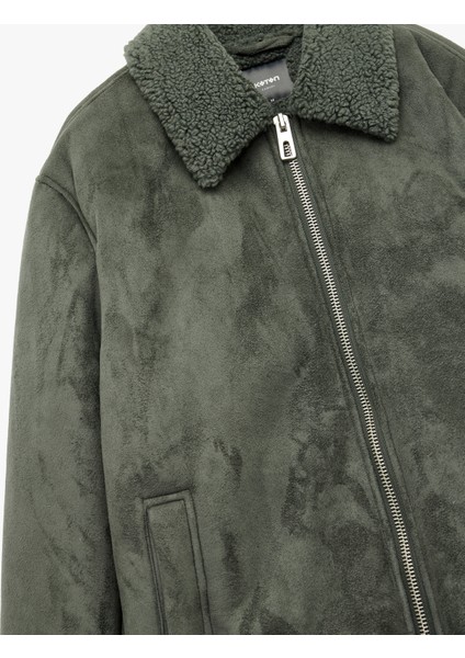 Peluş Yaka Fermuarlı Slim Fit Uzun Kollu Kışlık Suni Süet Ceket indirimleri