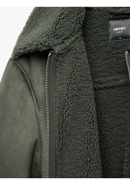 Peluş Yaka Fermuarlı Slim Fit Uzun Kollu Kışlık Suni Süet Ceket