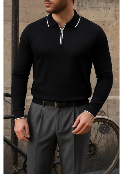 Erkek Günlük Çizgili Trend Siyah Polo Yaka Kazak fiyatları