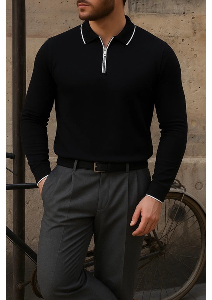 Erkek Günlük Çizgili Trend Siyah Polo Yaka Kazak modelleri