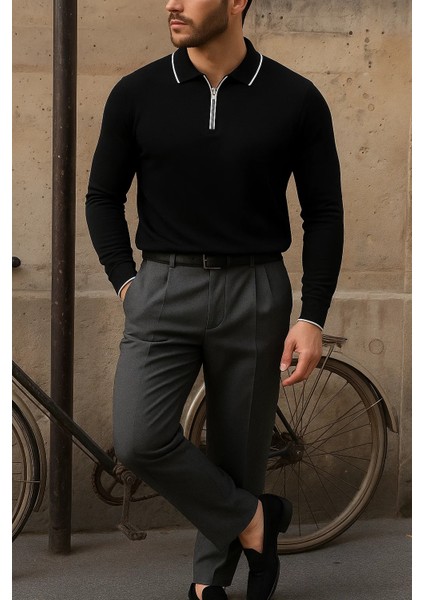 Erkek Günlük Çizgili Trend Siyah Polo Yaka Kazak fırsatları