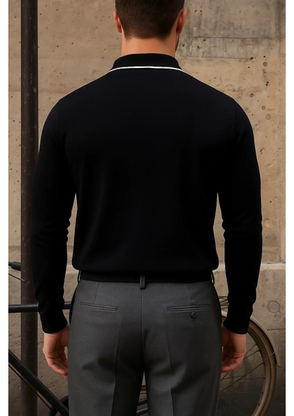 Erkek Günlük Çizgili Trend Siyah Polo Yaka Kazak indirimleri