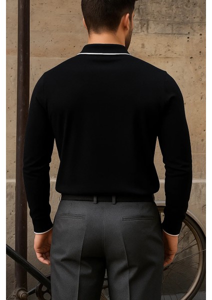 Erkek Günlük Çizgili Trend Siyah Polo Yaka Kazak