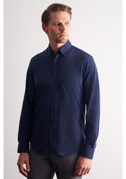 Lacivert Düğmeli Yaka Kendinden Desenli Örme Uzun Kol Performans Ürün Slim Fit %100 Pamuk Gömlek 1004255272 fiyatları