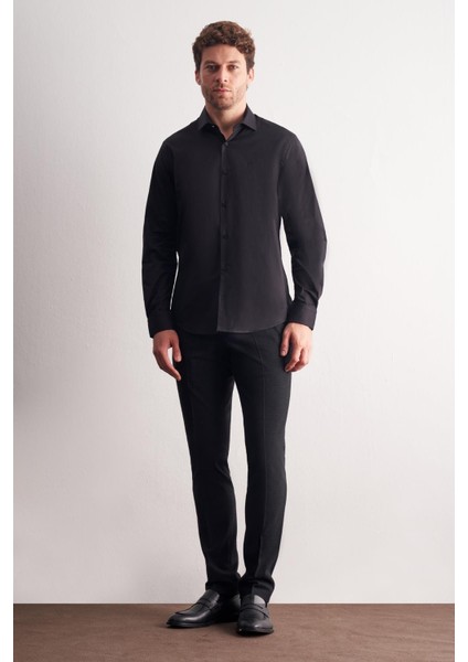 Siyah Yarım Italyan Yaka Uzun Kol Slim Fit Pamuklu Gömlek 1004255189 fiyatları