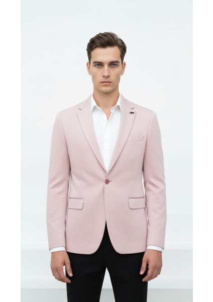 Açık Pembe Erkek Italyan Kesim Blazer Ceket – Kol Yamali, Slim Fit, Şık ve Modern Tasarım