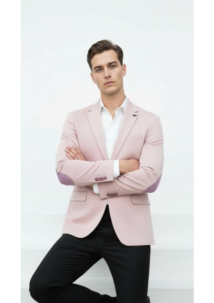 Açık Pembe Erkek Italyan Kesim Blazer Ceket – Kol Yamali, Slim Fit, Şık ve Modern Tasarım modelleri