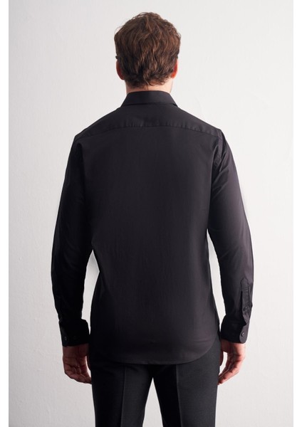 Siyah Yarım Italyan Yaka Uzun Kol Slim Fit Pamuklu Gömlek 1004255189 indirimleri