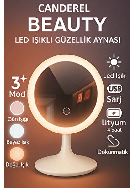 Oval Tasarımlı Led Işıklı Dokunmatik Makyaj Aynası Plastik Beyaz Renkli