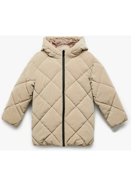 Uzun Kollu Fermuarlı Kapitone Kapşonlu Şişme Mont