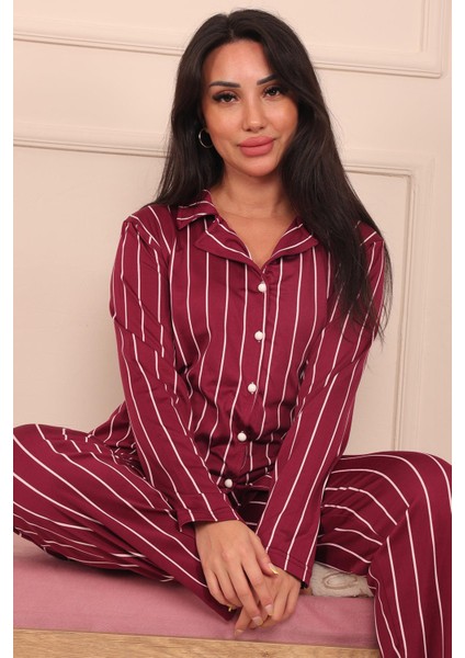 Kadın Dikey Çizgi Desenli Önü Düğmeli Uzun Kol Altı Uzun Milan Kumaş Pijama Takımı fiyatları