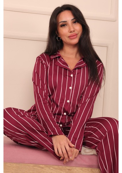 Kadın Dikey Çizgi Desenli Önü Düğmeli Uzun Kol Altı Uzun Milan Kumaş Pijama Takımı modelleri
