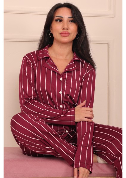 Kadın Dikey Çizgi Desenli Önü Düğmeli Uzun Kol Altı Uzun Milan Kumaş Pijama Takımı fırsatları