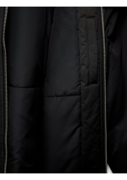 Uzun Kollu Cep Detaylı Fermuarlı Peluş Yaka Kışlık Şişme Mont