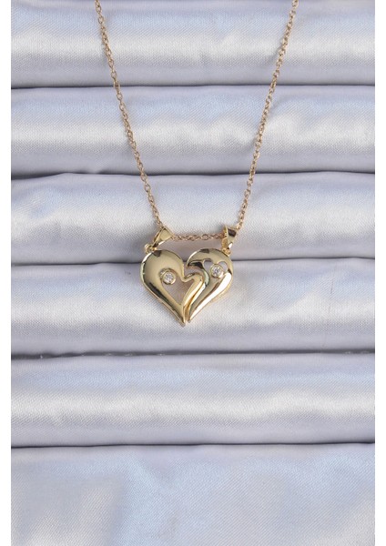 316L Çelik Zincir Altın Renk Zirkon Taşlı Mıknatıslı Kalp Kolye - TJ-BKO9081