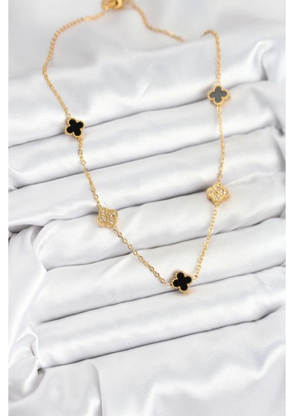 316L Çelik Zincir Gold Renk Siyah ve Zirkon Taşlı Baby Boy Yonca Kadın Kolye - TJ-BKO10592 fiyatları