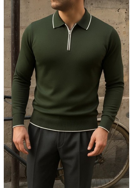 Erkek Günlük Çizgili Trend Haki Polo Yaka Kazak
