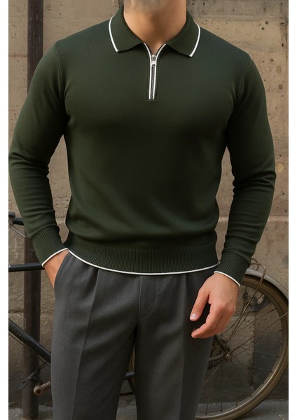 Erkek Günlük Çizgili Trend Haki Polo Yaka Kazak fiyatları