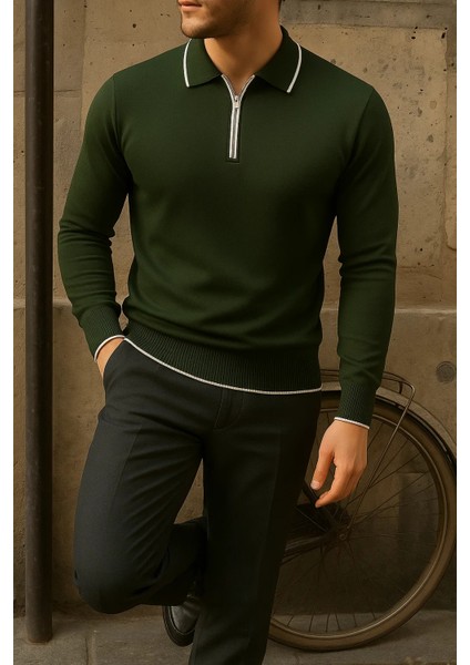 Erkek Günlük Çizgili Trend Haki Polo Yaka Kazak modelleri