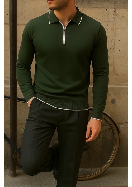 Erkek Günlük Çizgili Trend Haki Polo Yaka Kazak fırsatları