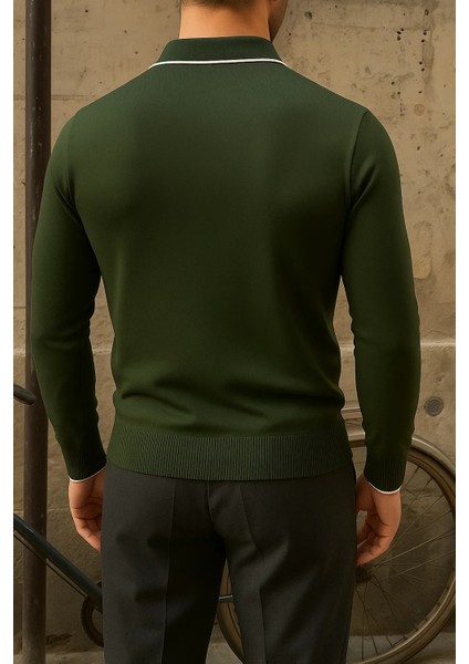 Erkek Günlük Çizgili Trend Haki Polo Yaka Kazak indirimleri