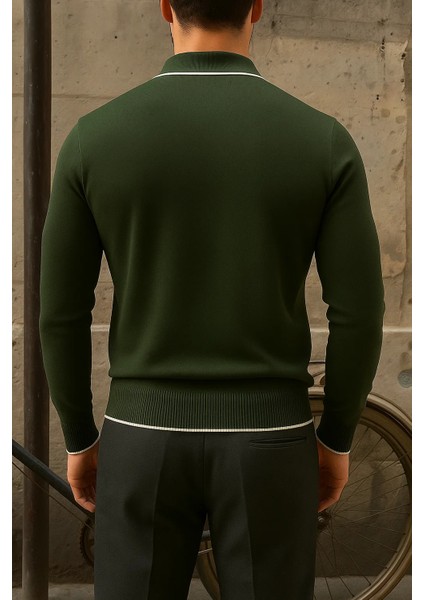 Erkek Günlük Çizgili Trend Haki Polo Yaka Kazak