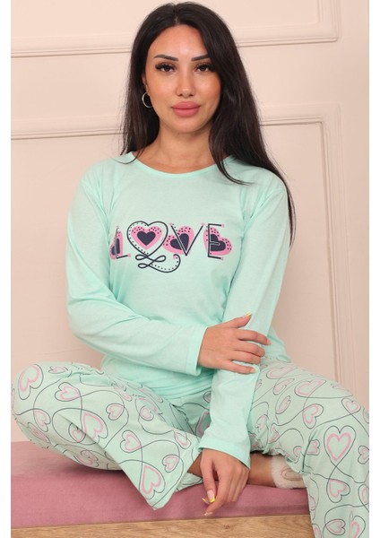 Kadın Love Sloganlı Altı Sarmaşık Kalp Desenli Bisiklet Yaka Uzun Kol Altı Uzun Penye Pijama Takımı