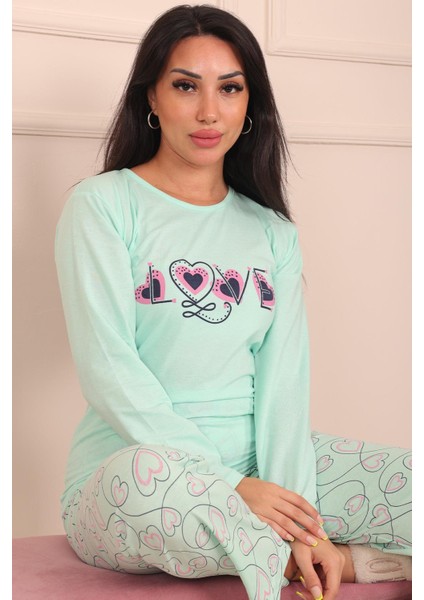 Kadın Love Sloganlı Altı Sarmaşık Kalp Desenli Bisiklet Yaka Uzun Kol Altı Uzun Penye Pijama Takımı fırsatları