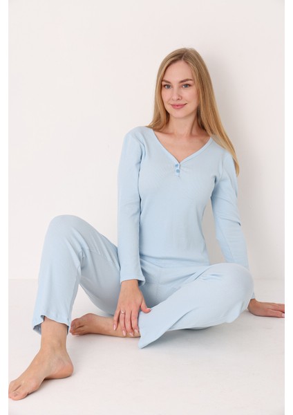 Mavi Patlı V Yaka Pijama Takım