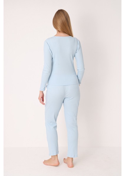 Mavi Patlı V Yaka Pijama Takım modelleri