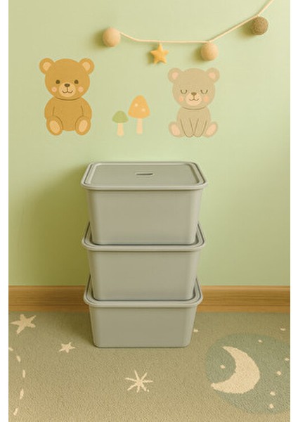 3 Adet Gri Kapaklı Derin Oyuncak ve Eşya Saklama Kutusu Polipropilen Plastik 3'lü Sepet Seti