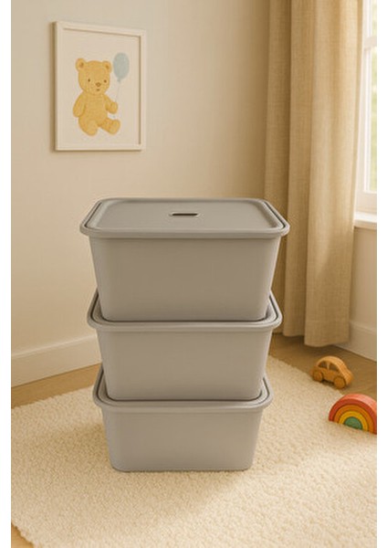 3 Adet Gri Kapaklı Derin Oyuncak ve Eşya Saklama Kutusu Polipropilen Plastik 3'lü Sepet Seti modelleri