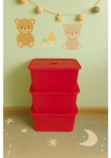 3 Adet Kırmızı Kapaklı Derin Oyuncak ve Eşya Saklama Kutusu Polipropilen Plastik 3'lü Sepet Seti