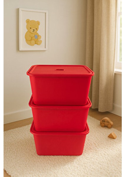 3 Adet Kırmızı Kapaklı Derin Oyuncak ve Eşya Saklama Kutusu Polipropilen Plastik 3'lü Sepet Seti modelleri