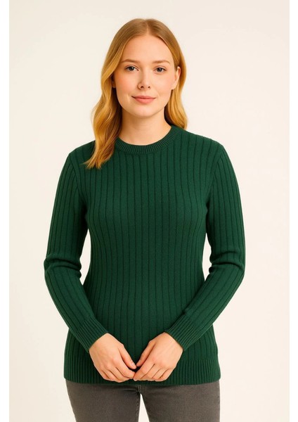 Bisiklet Yuvarlak Yaka Triko Kazak Pamuklu Kalın Fitilli Dokuma, Regular Fit Uzun Kollu Kışlık Model - Haki