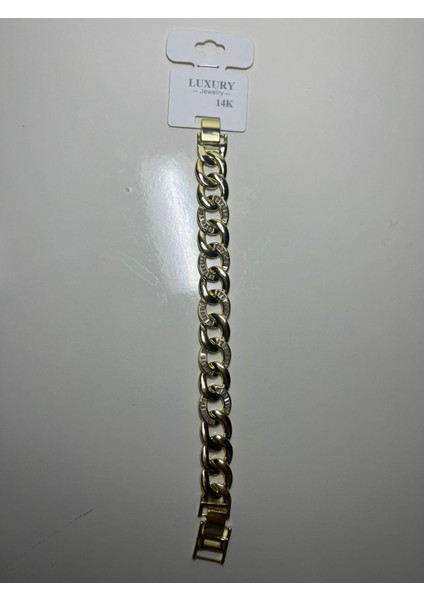 Kalın Zincir Model Zirkon Taş Detaylı Gold Kaplama Kadın Bileklik – Lüks ve Işıltılı Tasarım