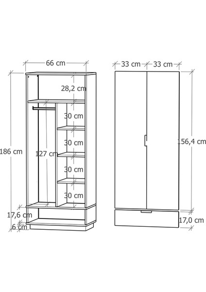 2 Kapaklı Tek Çekmeceli Askılı Raflı Gardırop