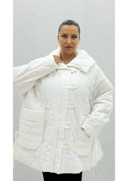 Büyük Beden Yakalı Düğmeli Cepli Kadın Şişme Mont fiyatları