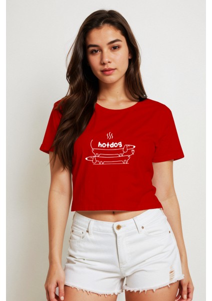 Hotdog Crop Tişört - Kırmızı modelleri
