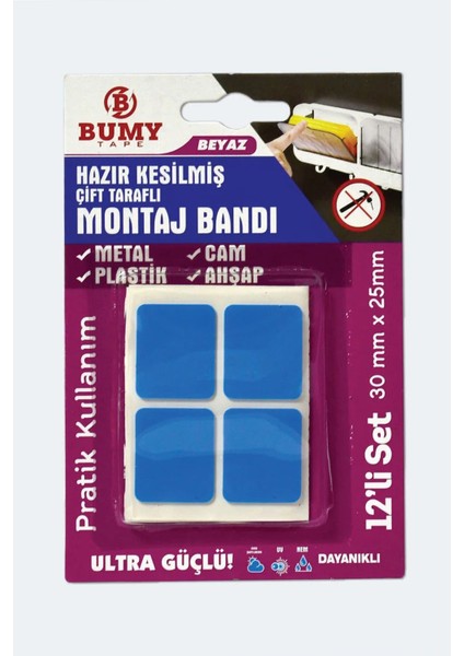 Hazır Kesilmiş Çift Taraflı Köpük Montaj Bandı 30MM x 25MM Beyaz (12’li Set)