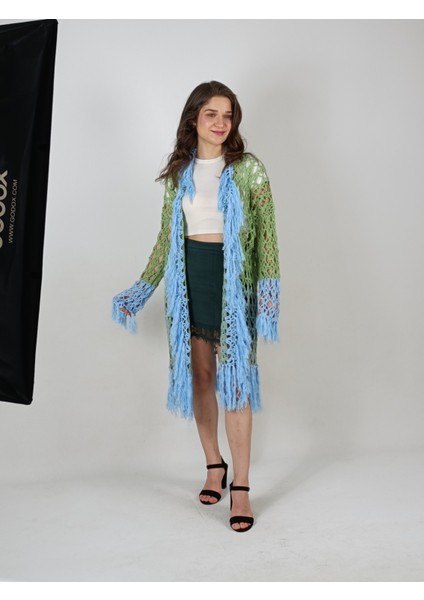 Hippybutik Kadın Püskül Detaylı Nil Yeşili ve Mavi/turkuaz Renkli Özel Tasarım El Örgüsü Hırka