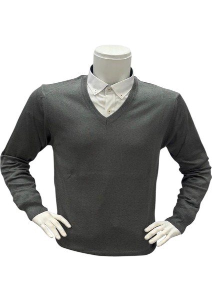 Erkek Regular Fit Düz V Yaka Yünlü Triko Kazak