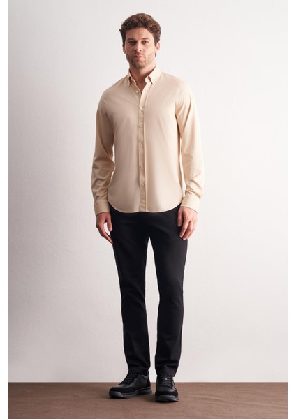 Bej Düğmeli Yaka Örme Uzun Kol Performans Ürün Slim Fit Esnek Gömlek 1004255270 fiyatları