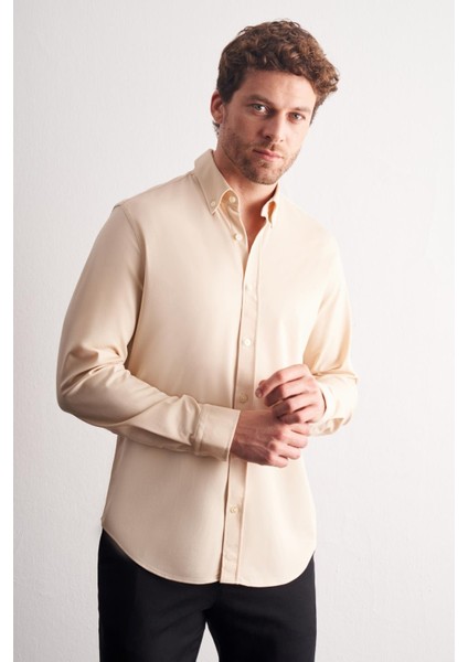 Bej Düğmeli Yaka Örme Uzun Kol Performans Ürün Slim Fit Esnek Gömlek 1004255270 modelleri