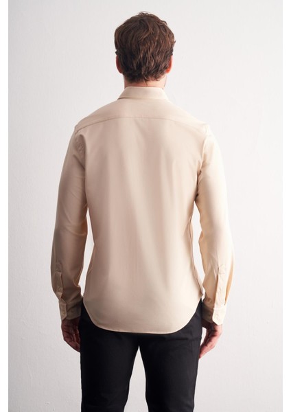 Bej Düğmeli Yaka Örme Uzun Kol Performans Ürün Slim Fit Esnek Gömlek 1004255270 indirimleri