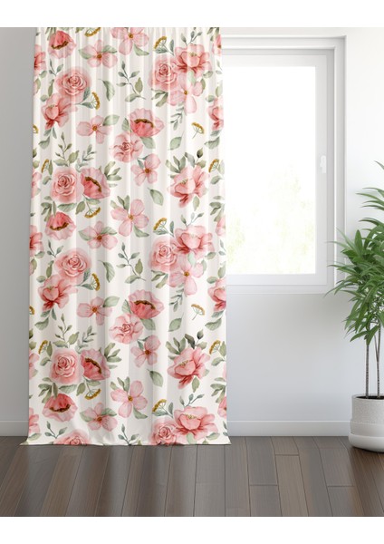 Pembe Çiçek Desenli Modern Fon Perde